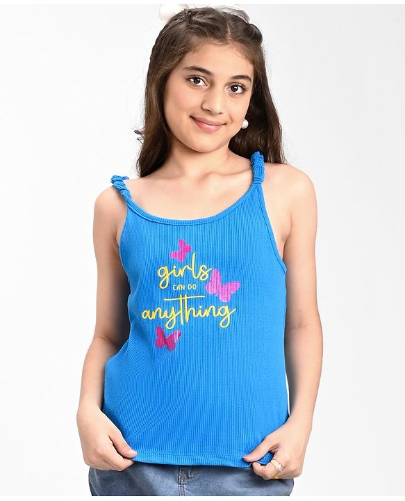 Pine Kids Cotton Sleeveless Top with Embroidered Text & Butterfly Print - Blue