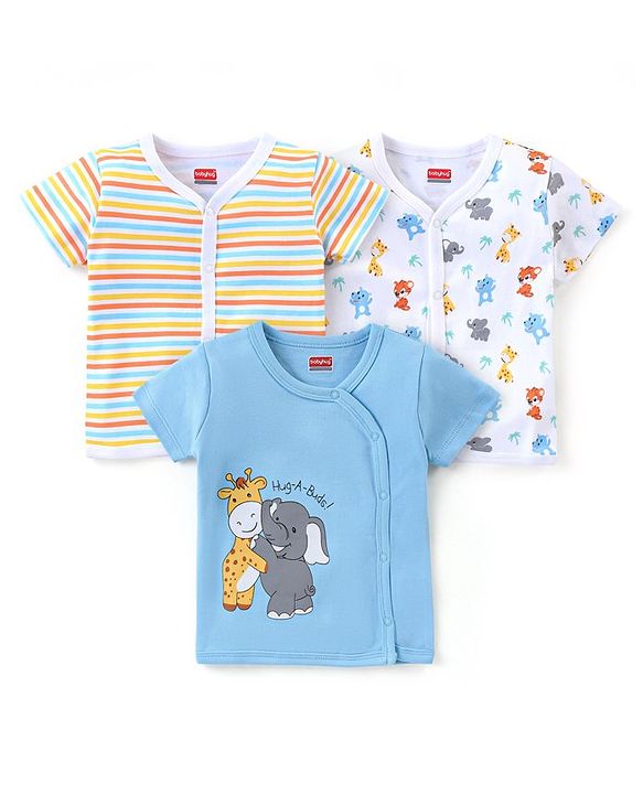 Babyhug 100% Cotton Knit Half Sleeves Front Open Vests Striped & Animal Print  Pack of 3 - Multicolour