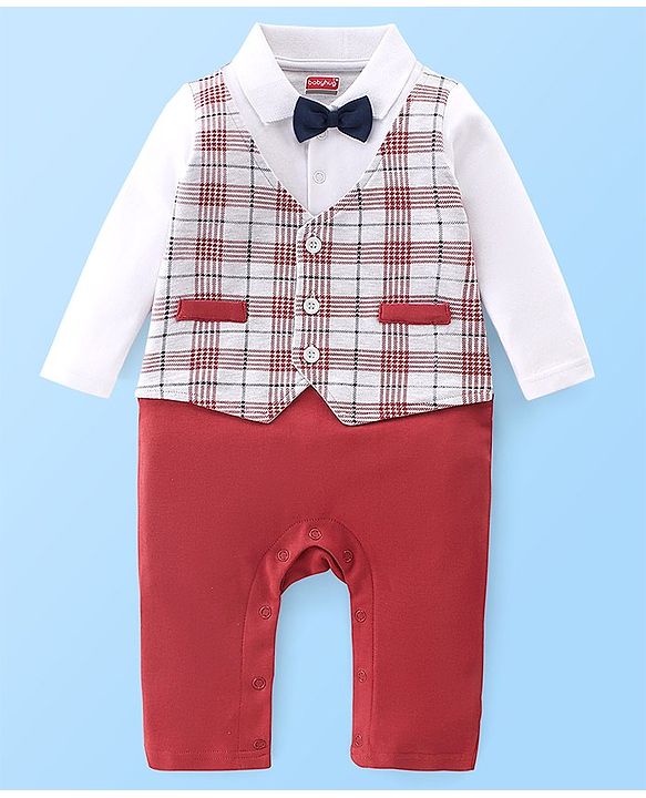 Babyhug Cotton Knit Full Sleeves Party Romper Checkered - Red & White