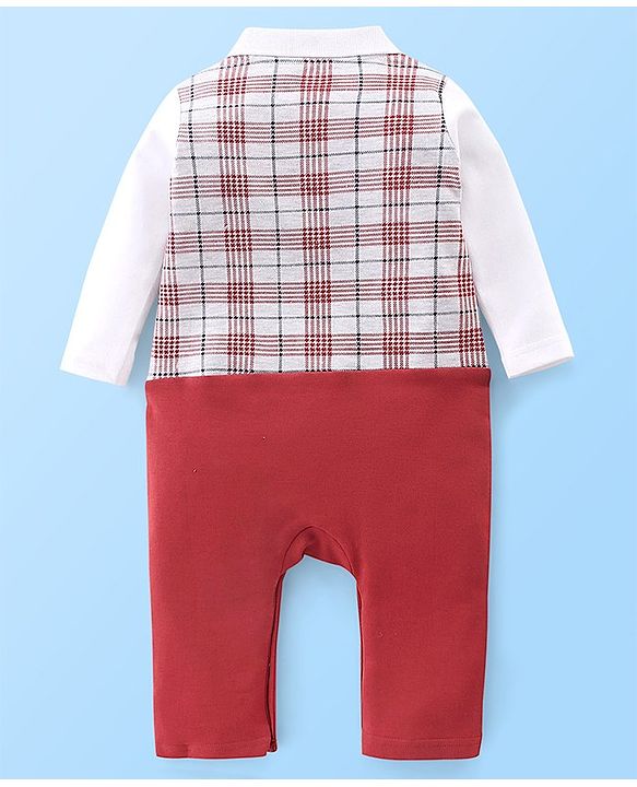 Babyhug Cotton Knit Full Sleeves Party Romper Checkered - Red & White