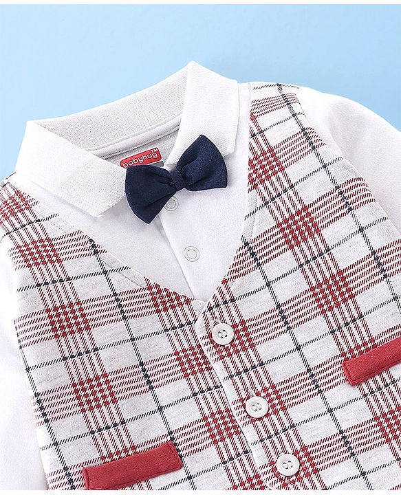 Babyhug Cotton Knit Full Sleeves Party Romper Checkered - Red & White