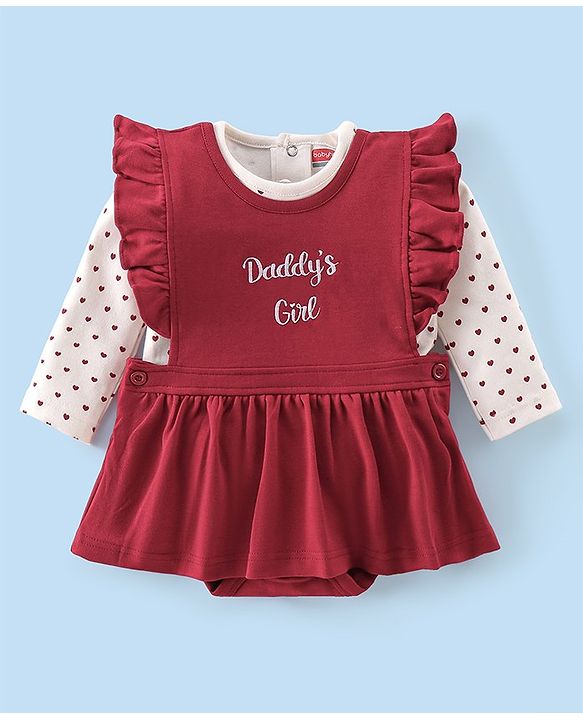 Babyhug 100% Cotton Full Sleeves Inner Tee with Frock Style Onesie with Headband Text Printed - Red
