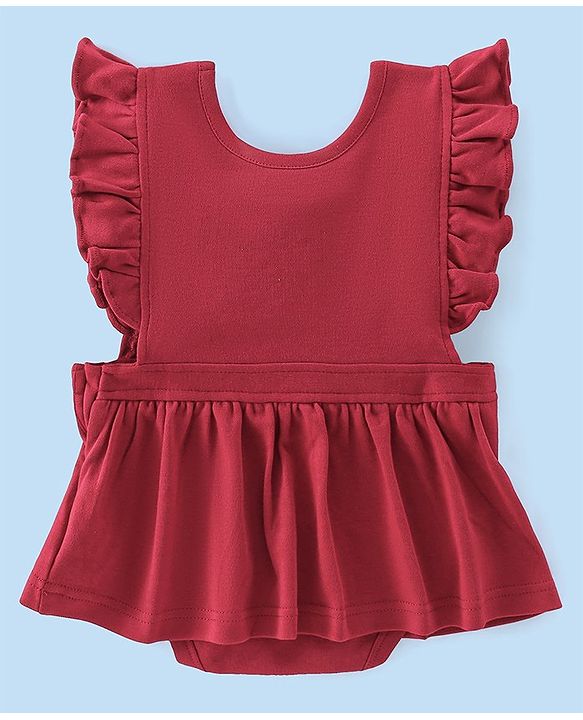 Babyhug 100% Cotton Full Sleeves Inner Tee with Frock Style Onesie with Headband Text Printed - Red