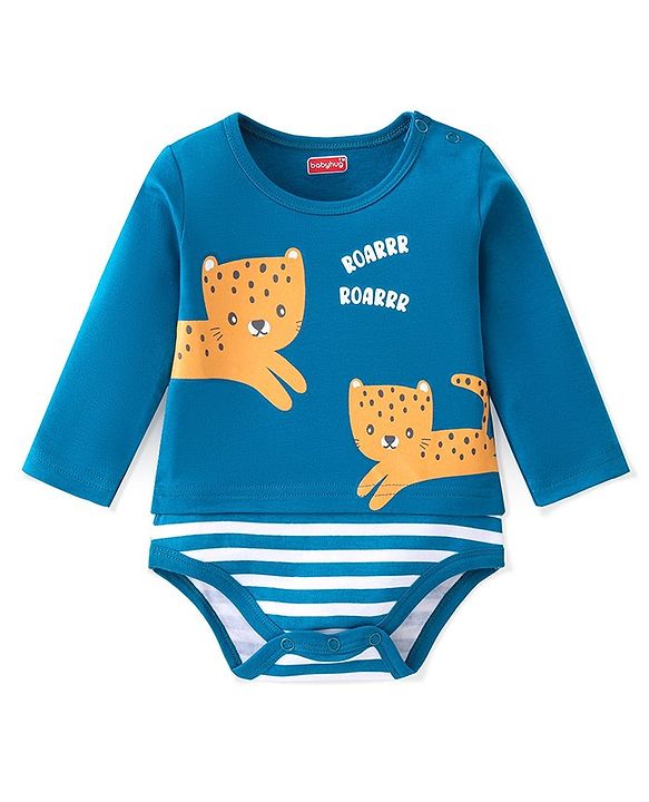 Babyhug 100% Cotton Full Sleeves Onesies With Leopard Print - Navy Blue
