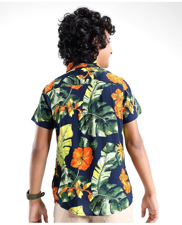 Pine Kids Viscose Woven Half Sleeves Shirt Floral Print - Navy Blue