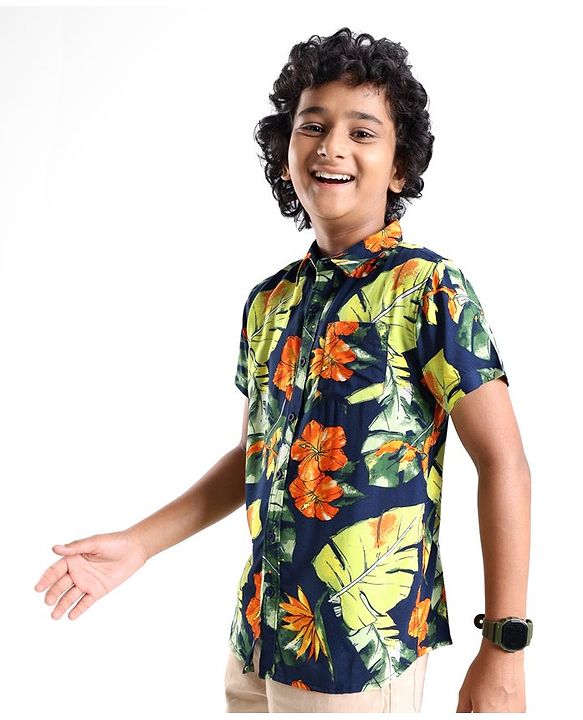 Pine Kids Viscose Woven Half Sleeves Shirt Floral Print - Navy Blue
