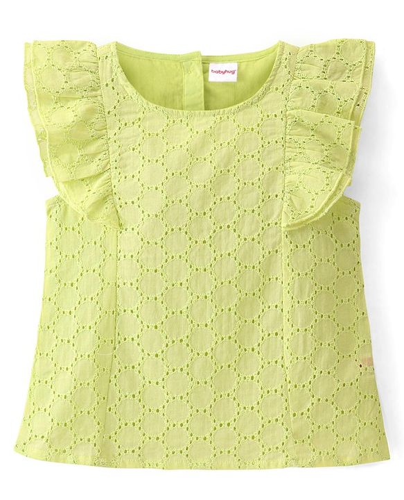 Babyhug Cotton Woven Frill Sleeves Top with Schiffli Detailing - Lime Green
