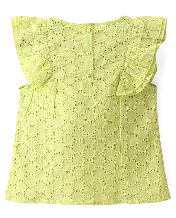 Babyhug Cotton Woven Frill Sleeves Top with Schiffli Detailing - Lime Green