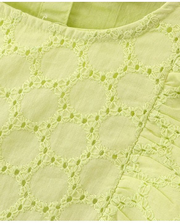 Babyhug Cotton Woven Frill Sleeves Top with Schiffli Detailing - Lime Green