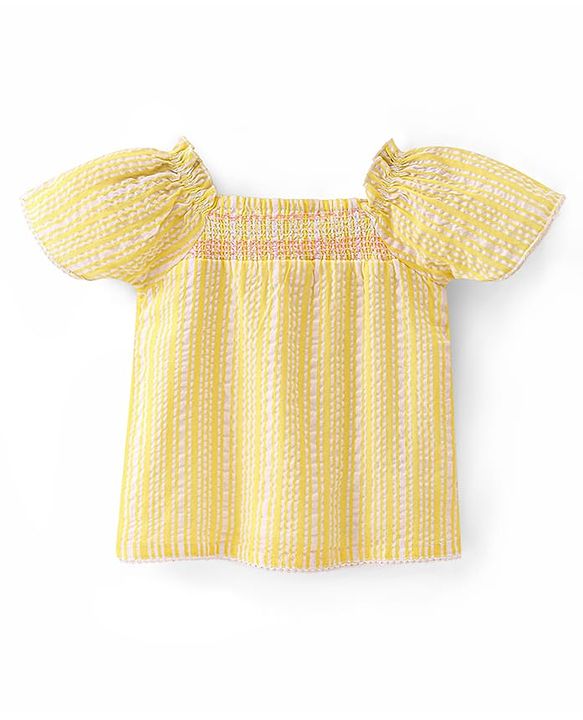 Babyhug Half Sleeves Striped Top With Smocking & Lace Detailing - Yellow