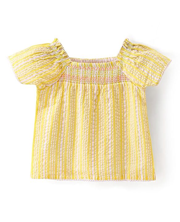 Babyhug Half Sleeves Striped Top With Smocking & Lace Detailing - Yellow