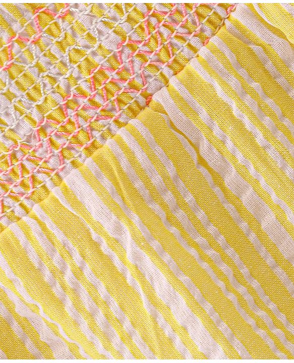 Babyhug Half Sleeves Striped Top With Smocking & Lace Detailing - Yellow