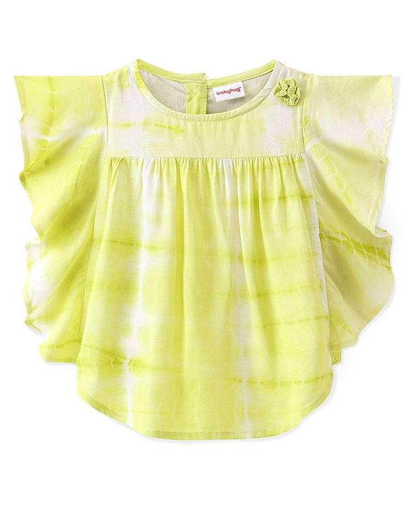Babyhug Rayon Woven Half Sleeves Tie Dye Printed Top with Frill & Lace Detailing - Green