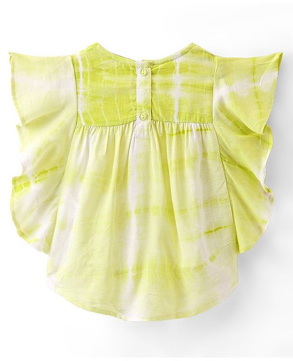 Babyhug Rayon Woven Half Sleeves Tie Dye Printed Top with Frill & Lace Detailing - Green
