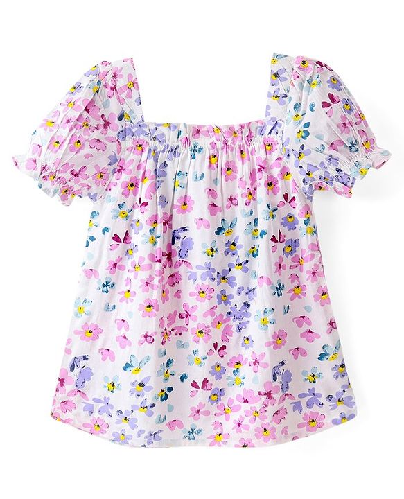 Babyhug Rayon Woven Half Sleeves Top with Smocking Detailing & Floral Print - White & Pink
