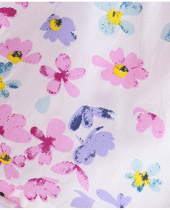 Babyhug Rayon Woven Half Sleeves Top with Smocking Detailing & Floral Print - White & Pink
