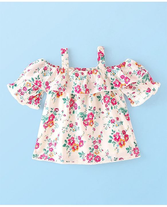 Babyhug Rayon Cold Shoulder Half Sleeves Floral & Lace Detailing Top - Offwhite