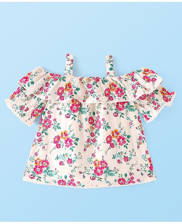 Babyhug Rayon Cold Shoulder Half Sleeves Floral & Lace Detailing Top - Offwhite