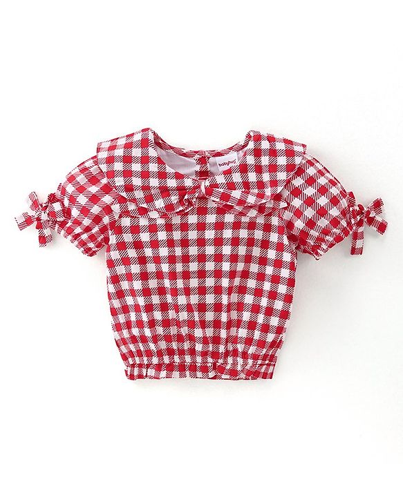 Babyhug Half Sleeves Checkered Top with Bow Detailing - Red & White