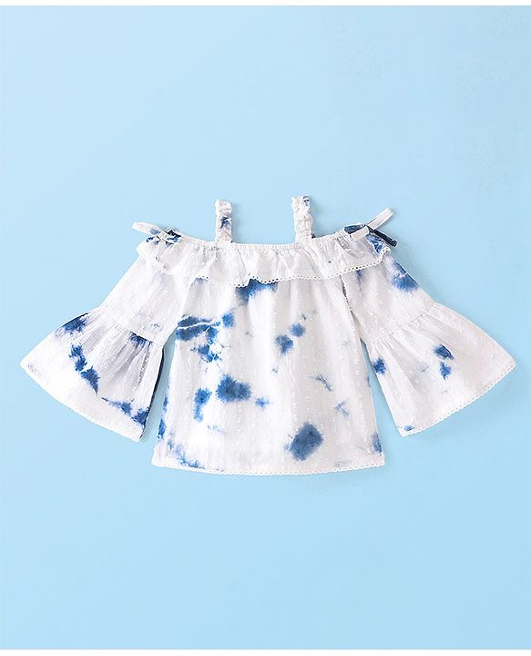 Babyhug Woven Cold Shoulder Three Fourth Sleeves Tie & Dye Top - White & Blue