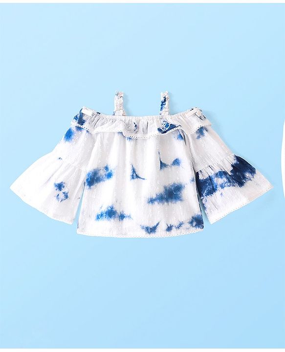 Babyhug Woven Cold Shoulder Three Fourth Sleeves Tie & Dye Top - White & Blue