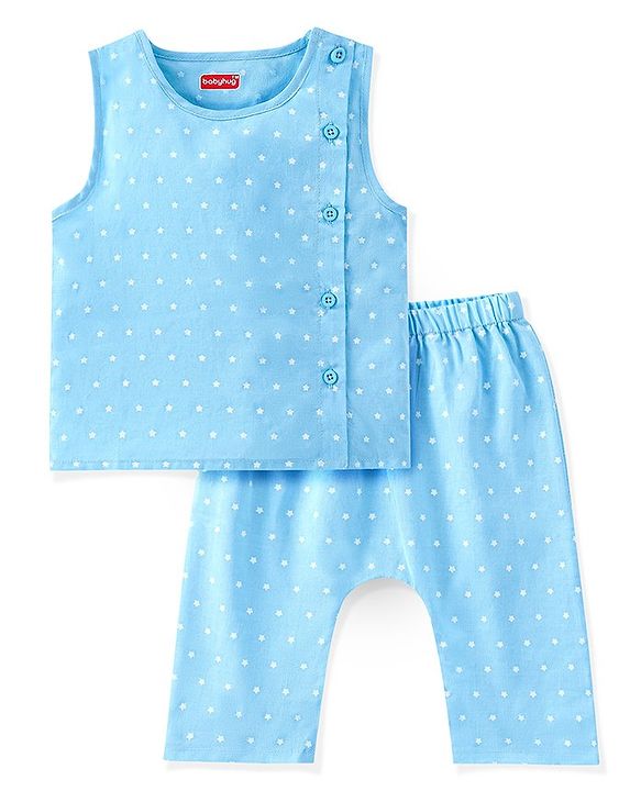 Babyhug Cotton Woven Sleeveless Jhabla & Full Length Pajama Set With Star Print - Blue