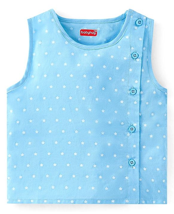 Babyhug Cotton Woven Sleeveless Jhabla & Full Length Pajama Set With Star Print - Blue