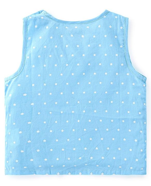 Babyhug Cotton Woven Sleeveless Jhabla & Full Length Pajama Set With Star Print - Blue