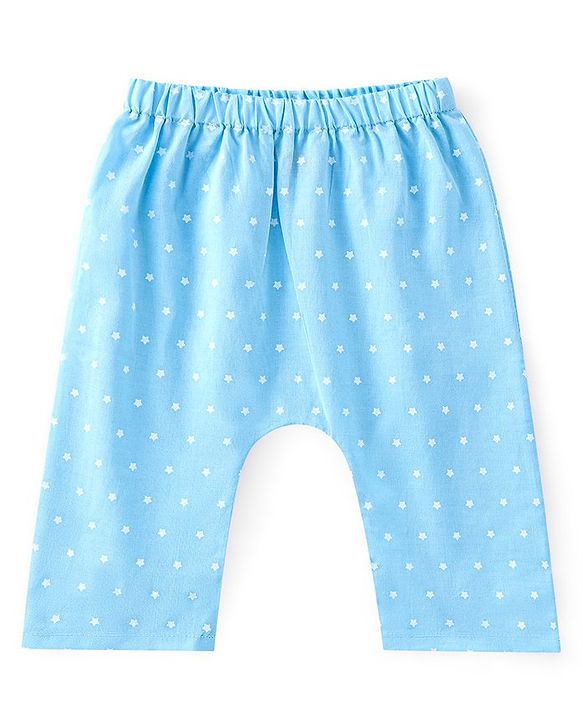 Babyhug Cotton Woven Sleeveless Jhabla & Full Length Pajama Set With Star Print - Blue