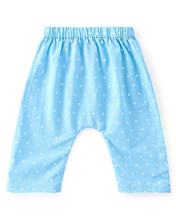 Babyhug Cotton Woven Sleeveless Jhabla & Full Length Pajama Set With Star Print - Blue