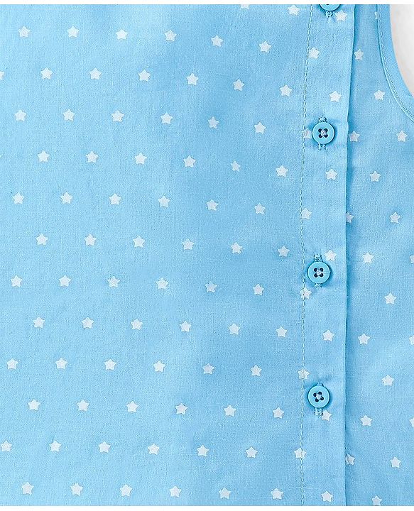 Babyhug Cotton Woven Sleeveless Jhabla & Full Length Pajama Set With Star Print - Blue
