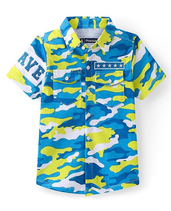 Pine Kids Cotton Half Sleeves Camouflage Shirt with Patches - Multicolor
