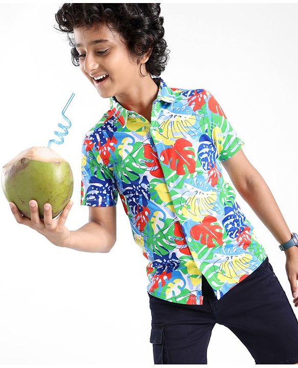 Pine Kids Cotton Knit Half Sleeves Shirt Leaf Print - Multicolor