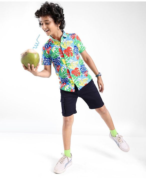 Pine Kids Cotton Knit Half Sleeves Shirt Leaf Print - Multicolor