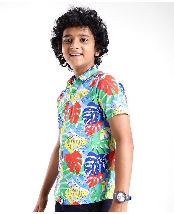 Pine Kids Cotton Knit Half Sleeves Shirt Leaf Print - Multicolor