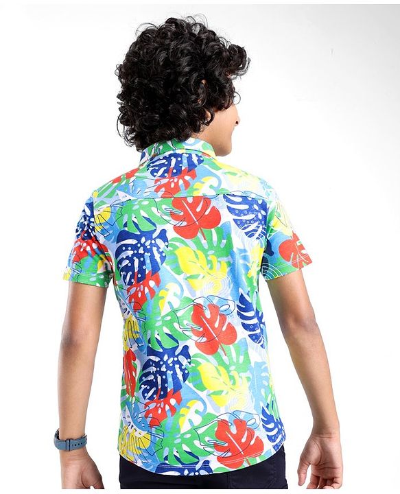 Pine Kids Cotton Knit Half Sleeves Shirt Leaf Print - Multicolor