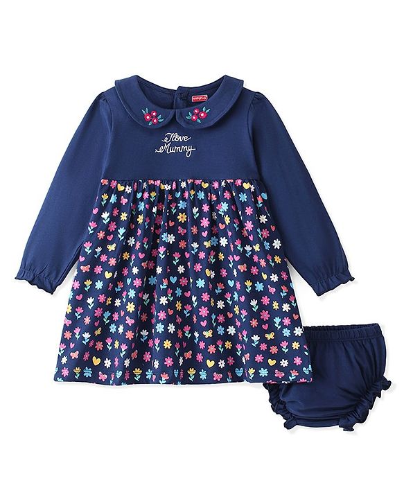 Babyhug 100% Cotton Jersey Knit Full Sleeves Frock With Bloomer Floral Print - Navy Blue