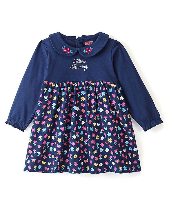 Babyhug 100% Cotton Jersey Knit Full Sleeves Frock With Bloomer Floral Print - Navy Blue