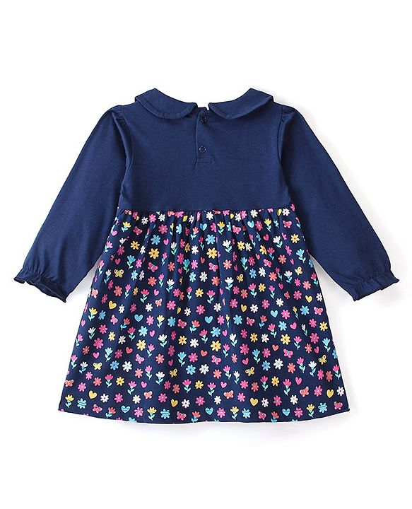 Babyhug 100% Cotton Jersey Knit Full Sleeves Frock With Bloomer Floral Print - Navy Blue