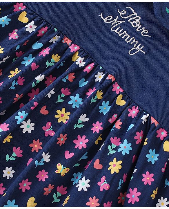 Babyhug 100% Cotton Jersey Knit Full Sleeves Frock With Bloomer Floral Print - Navy Blue