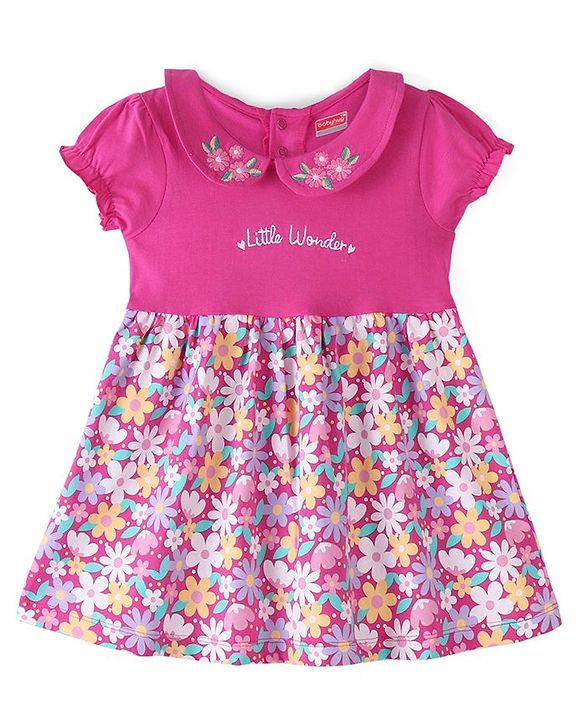 Babyhug Cotton Jersey Knit Half Sleeves Floral Print Frock with Blooomer-Pink