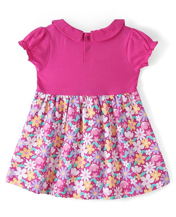 Babyhug Cotton Jersey Knit Half Sleeves Floral Print Frock with Blooomer-Pink