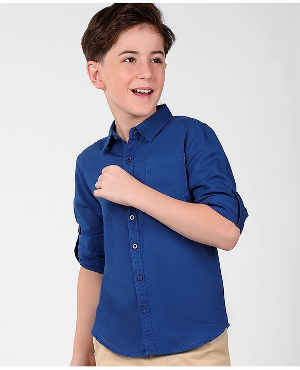 Pine Kids Linen Woven Full Sleeves Solid Shirt - Navy Blue