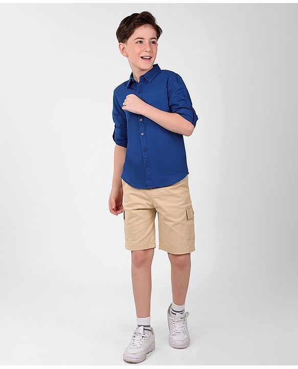Pine Kids Linen Woven Full Sleeves Solid Shirt - Navy Blue