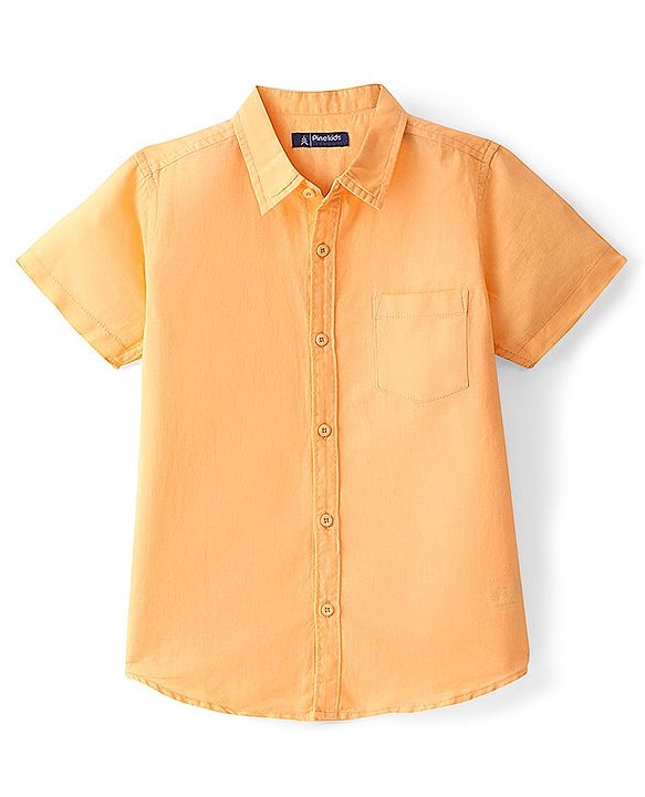 Pine Kids Linen Woven Half Sleeves Solid Color Shirt - Buff Orange