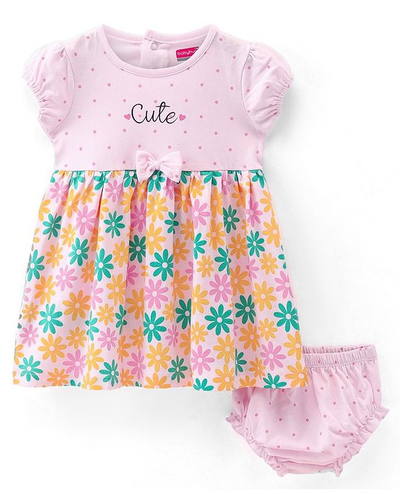 Babyhug 100% Cotton Jersey Knit Half Sleeves Frock With Bloomer Floral Print - Pink