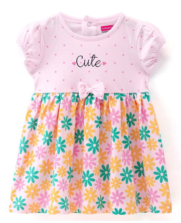 Babyhug 100% Cotton Jersey Knit Half Sleeves Frock With Bloomer Floral Print - Pink