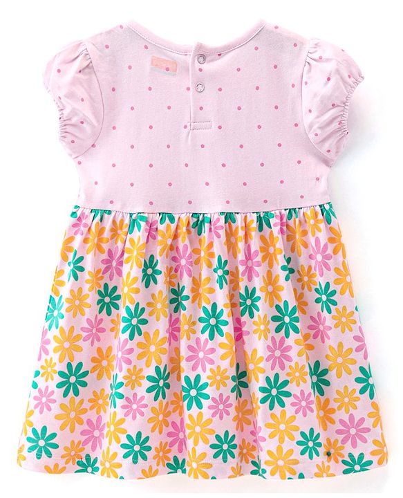 Babyhug 100% Cotton Jersey Knit Half Sleeves Frock With Bloomer Floral Print - Pink
