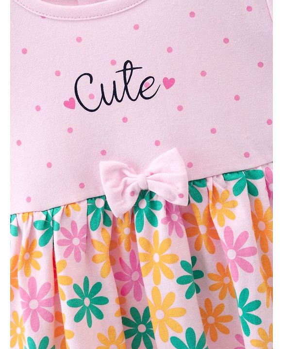 Babyhug 100% Cotton Jersey Knit Half Sleeves Frock With Bloomer Floral Print - Pink