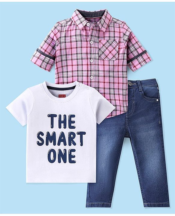 Babyhug Cotton Woven Full Sleeves Checkered Shirt with Inner Tee & Jeans - Pink & Blue
